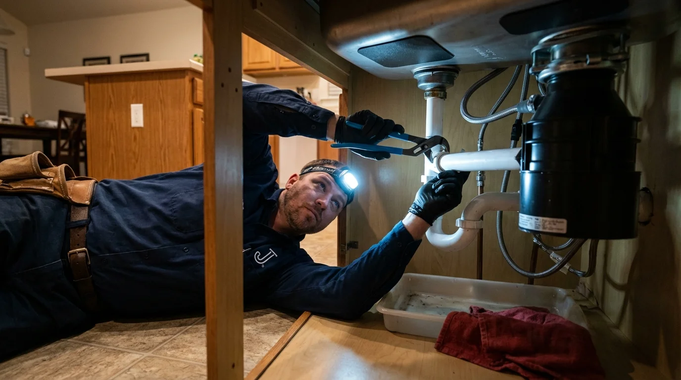 P-trap and supply line connections under a kitchen sink showing a common leak point in Rye, NY